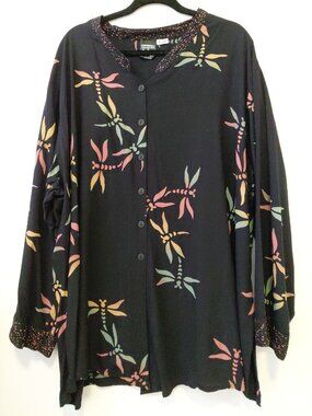 Making It Big Women's Button Front Blouse‎ Dragonfly Print 3X-4X Black